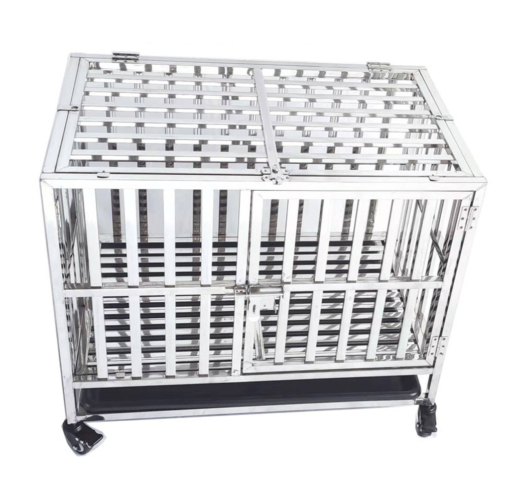 Heavy Duty Stainless Steel Square Bars Indoor 2-Door Indestructible Dog Crate Kennel with Lockable Wheels for Small to Large Dog