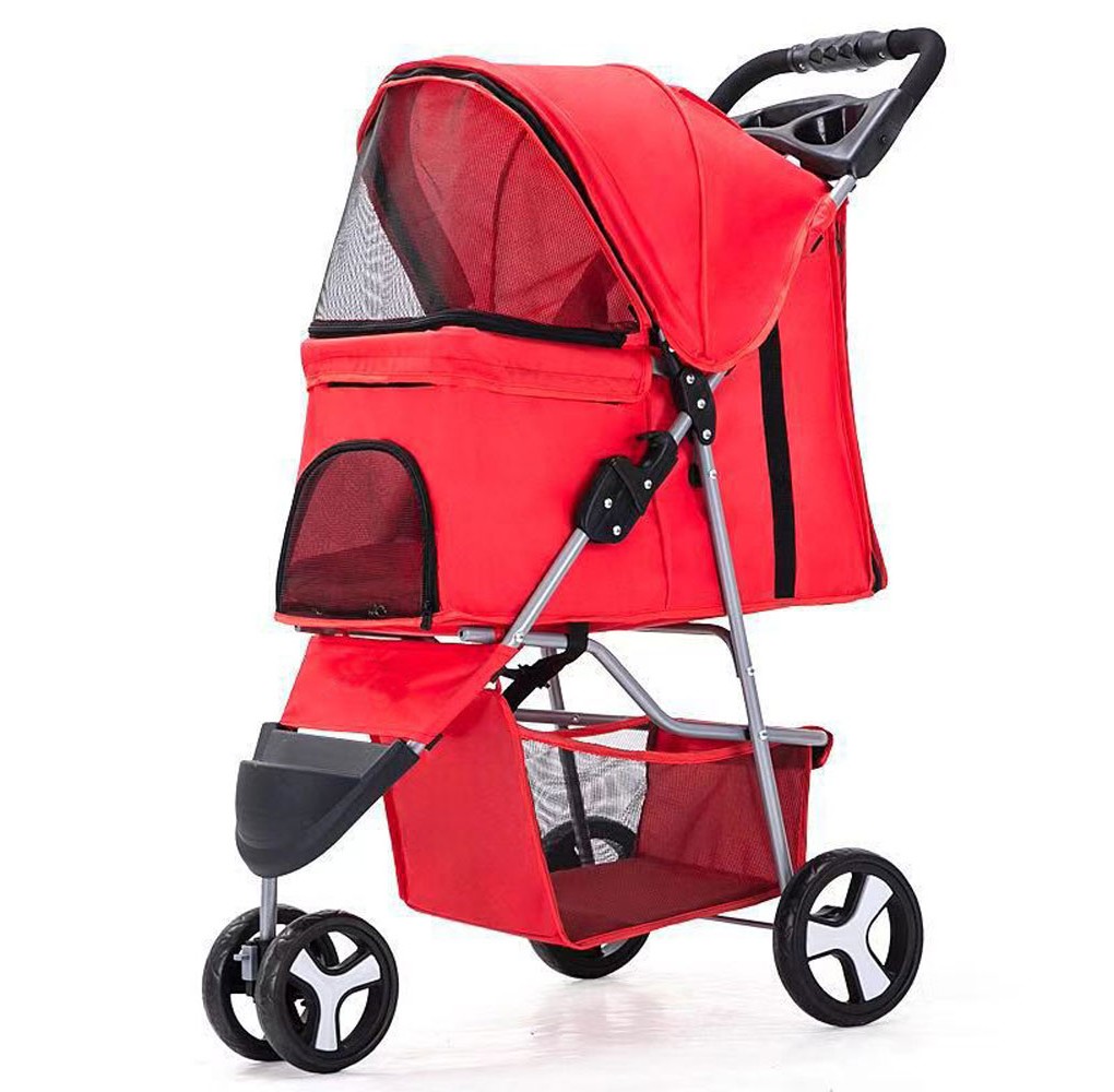 Large Pet Stroller Pram Dog Cat Carrier 3 Wheels Foldable Travel Pushchair with Storage Basket and Cup Holder