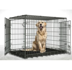 Heavy Duty Indestructible 2-Door Indoor Dog Crate with Lockable Wheel and Removable Tray & Collapsible Sturdy Iron Wire Dog Cage