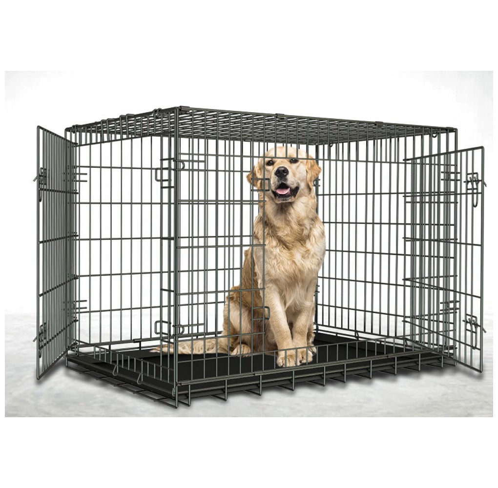 Heavy Duty Indestructible 2-Door Indoor Dog Crate Kennel Pet Cage with Lockable Wheel and Removable Tray for Medium to Large Dog